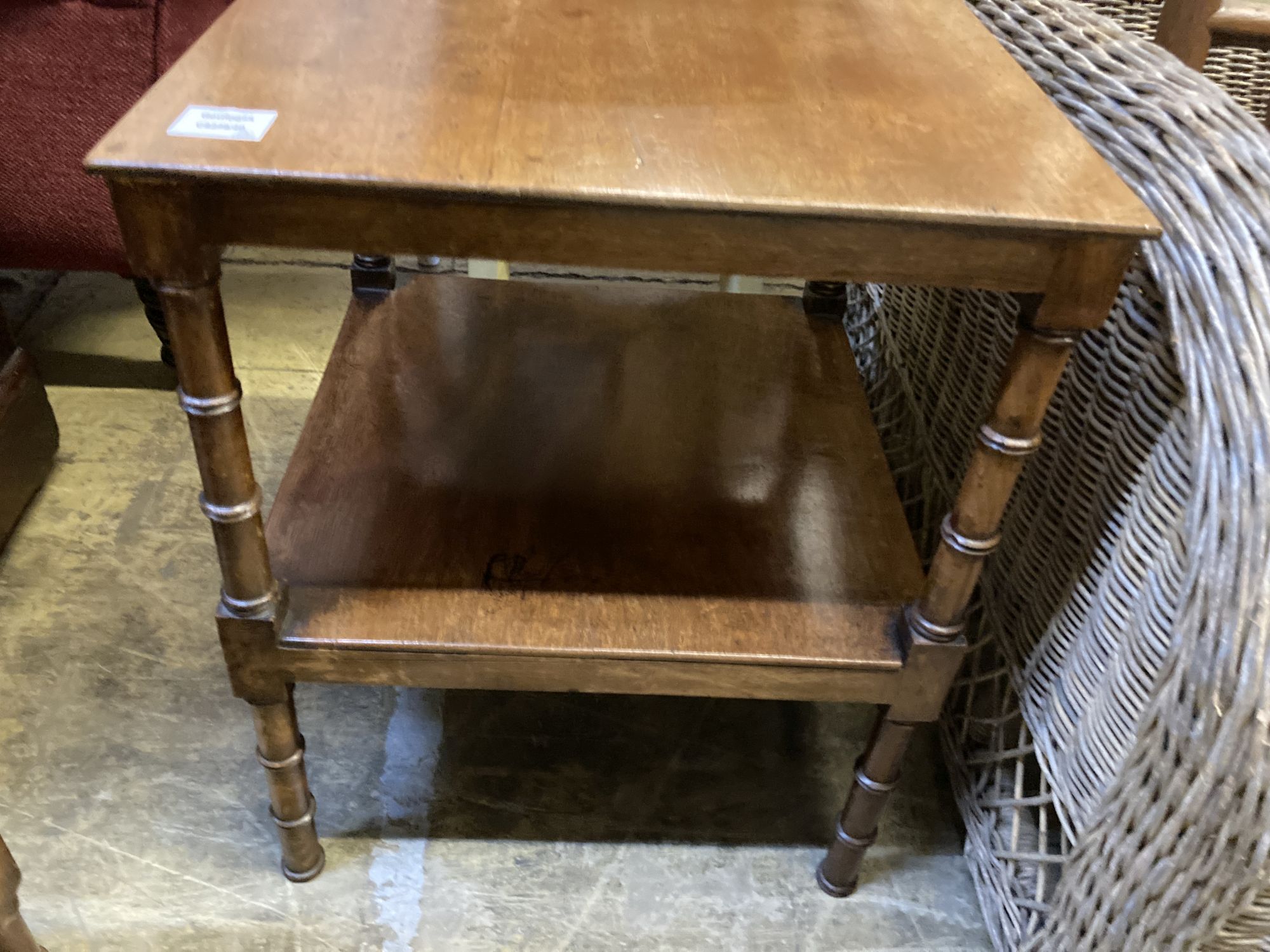 A pair of Regency style mahogany two tier occasional tables, width 47cm, depth 47cm, height 59cm